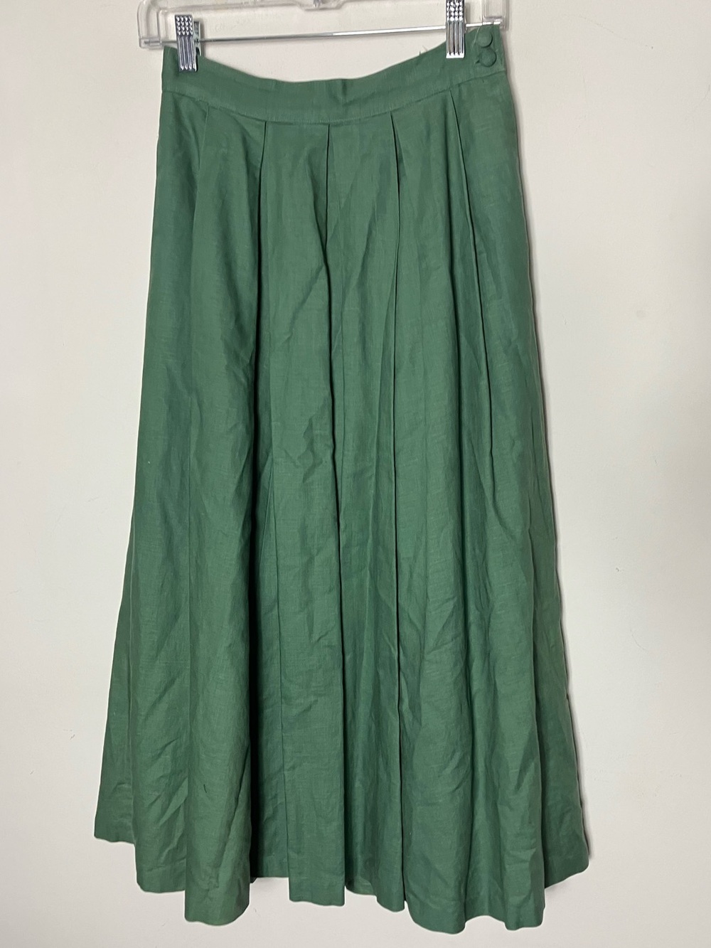 Vintage Laura Ashley linen cotton A-line Kick pleat Midi Skirt Green 8